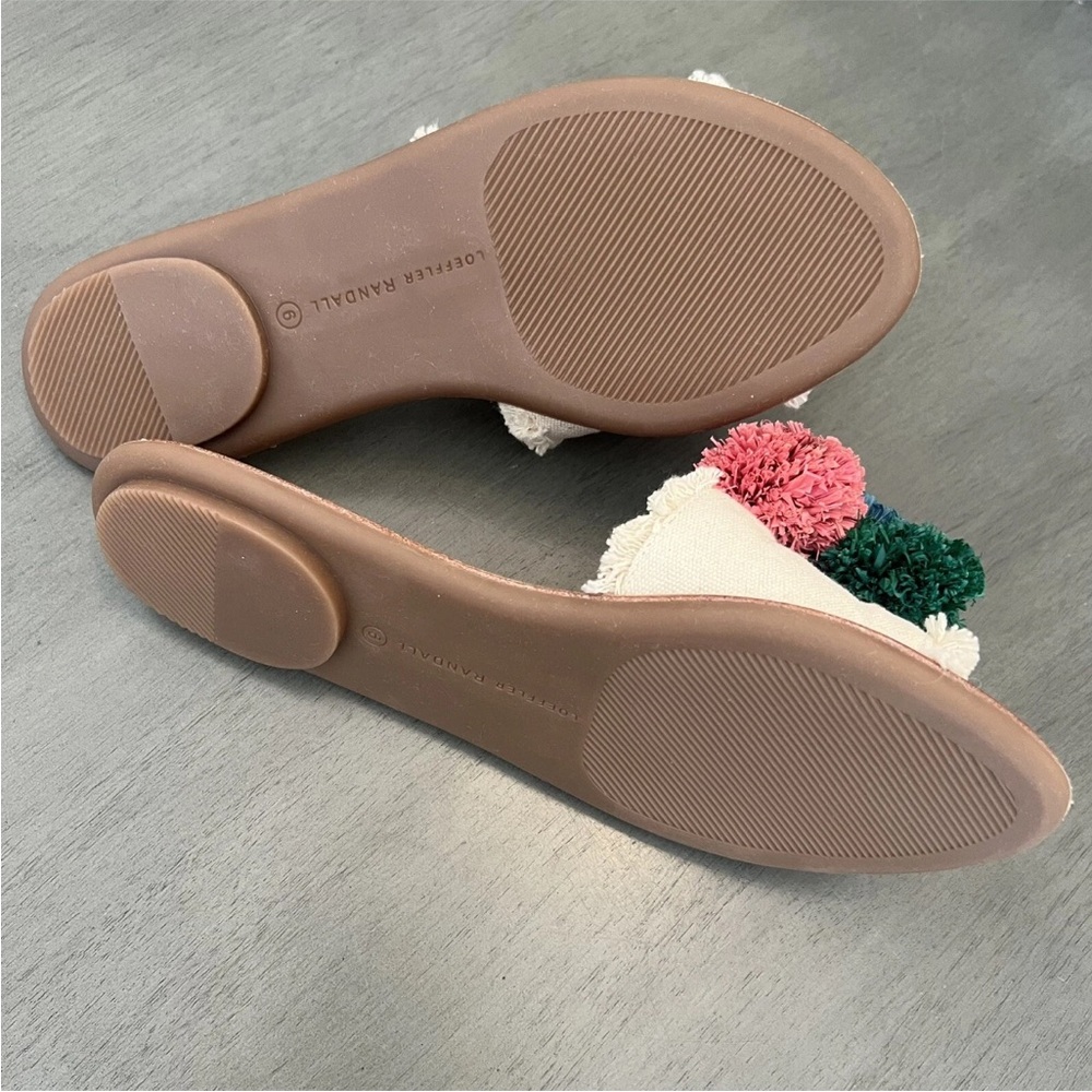 LOEFFLER RANDALL Women's Gabi Canvas Leather Pom Pom Flat Beige Slide Sandal 6 - Picture 5 of 9